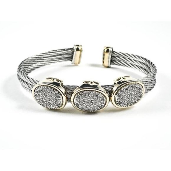 Double Wire Band Oval Shape Pave CZ Bracelet - Picture 1 of 1